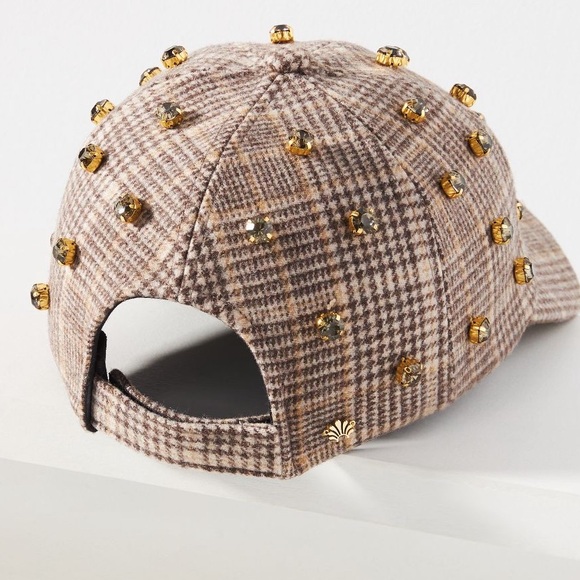 NEW NWT  Anthropologie Lele Sadoughi plaid Embellished Baseball brown Cap - Picture 5 of 6
